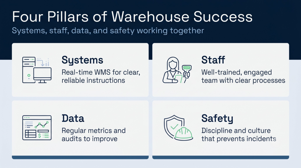 Four key pillars of warehouse operations success: systems alignment, staff training, data-driven decisions, and safety discipline, shown as columns supporting warehouse efficiency.